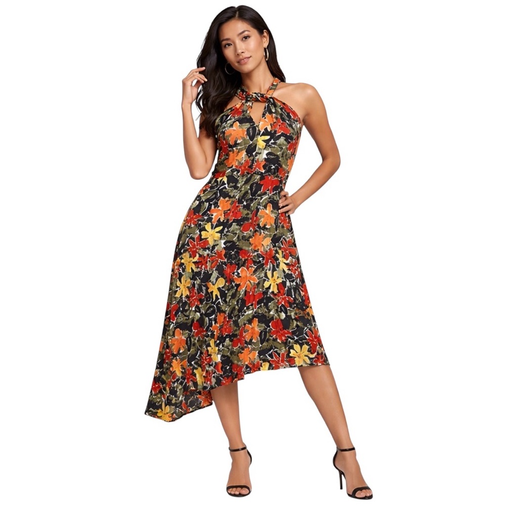 NWOT Colorful Floral Halter Sundress Assymetrical Hem Size L